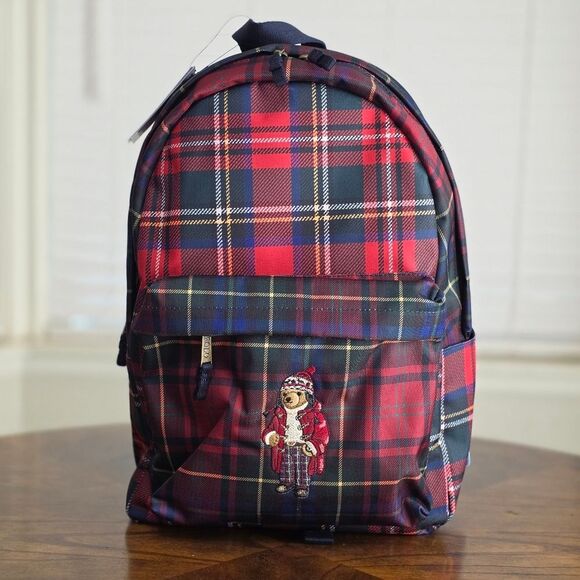Polo Ralph Lauren Nordic Polo Bear Red Stewart Plaid Nylon Backpack Laptop Bag - Picture 2 of 9